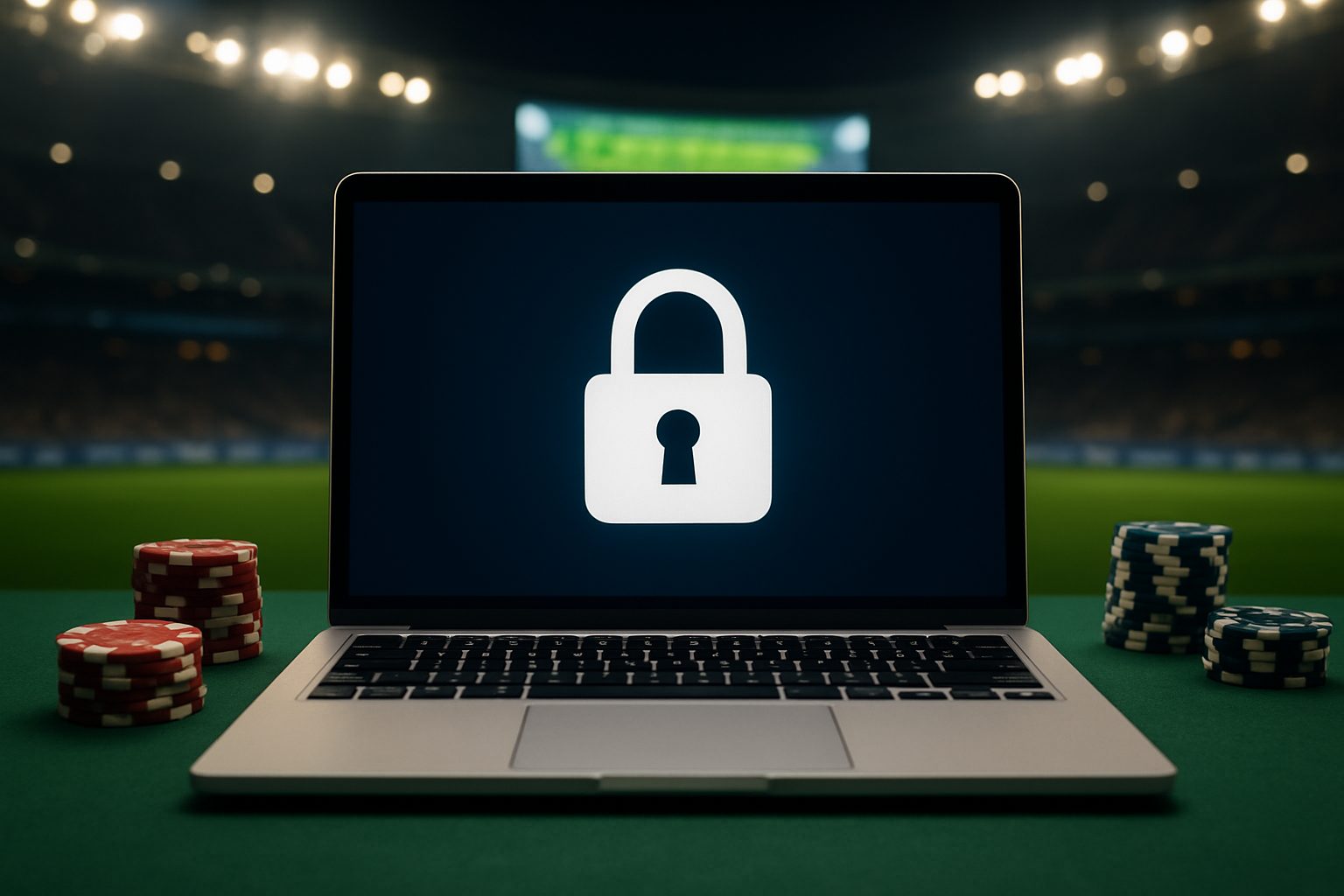 A locked padlock icon displayed on a laptop screen with casino chips in the foreground.