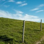 A wooden fence on an uneven grassy hill under a clear blue sky
